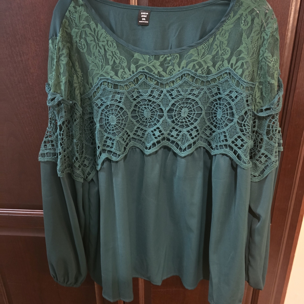 SHEIN Green Lace Accent Blouse